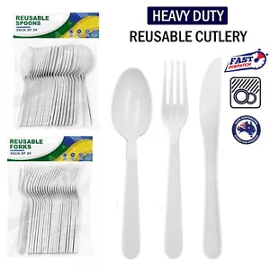 Heavy Duty Reusable Plastic Spoons Forks Knives White Cutlery Party Catering AU - Picture 1 of 11