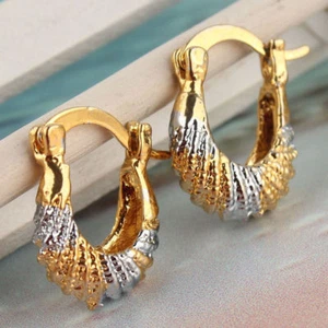 Cute New Two-Tone Yellow & White Gold Plated Handbag Caterpillar Hoop Earrings - Picture 1 of 2