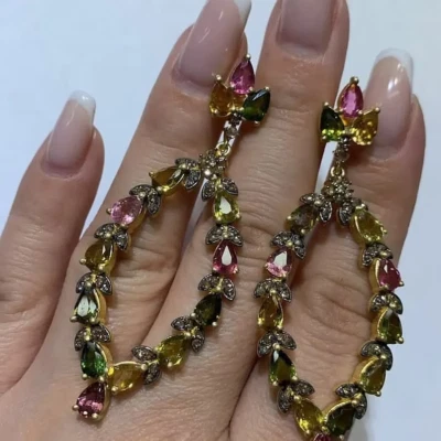 Pendientes de piedras preciosas de turmalina de diamantes pavé de plata de ley 925 para mujer Foto 1 de 4