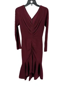 Tadashi Shoji Burgunderrot Elias Langarm V-Ausschnitt Biesen Rüschensaum Kleid XXS - Bild 1 von 6