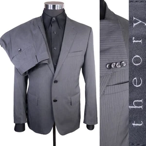 Theory 2-Pcs Suit Striped Gray Blazer Jacket Sz 40S Pants 34X26.5 Wool Blend - Picture 1 of 18
