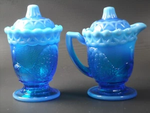 Mosser Glass * Strutting Peacock Cream & Sugar 4pc * Opalescent Blue U.V. * 0237 - Picture 1 of 16
