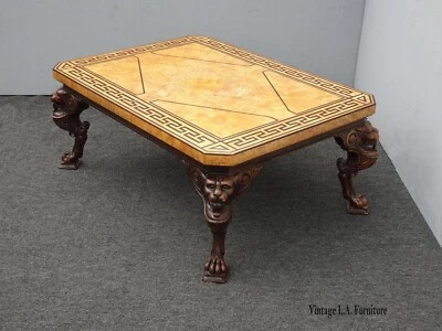 Vintage Baker Furniture Neoclassical Coffee Table Greek Key Burl Top w Lion Legs - Image 1 of 4