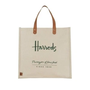 Harrods Canvas Jute Reusable Shopper Tote Bag w/ Leather Handles - NEW - Picture 1 of 1
