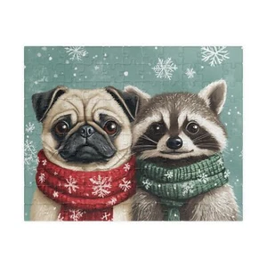 Pug and raccoon Christmas Puzzle (110, 252, 520, 1014-piece) - Picture 1 of 4