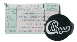 CHICAGO THE BAND TICKET STUB OKC 1985 AND 1.75" BUTTON C PICS - Picture 1 of 2