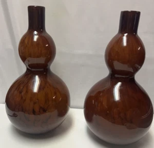 Z Gallerie Hand Blown Art Celine Double Gourd Chocolate Amber Vase Set of 2 - Picture 1 of 19