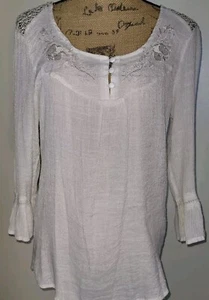 Womens Tantrums Ivory Boho Top Sz XL Scoop Neck Long Bell Sleeve Embroidered - Picture 1 of 13