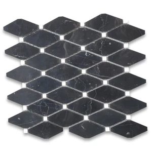 N835XP Nero Marquina Black Marble Octave Rhomboid Chipped Diamond Mosaic Tile - Picture 1 of 5