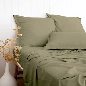 Olive Green Linen-Textured Bed Sheets Set, Bamboo Rayon , Cotton , Linen Blen... - Picture 1 of 7