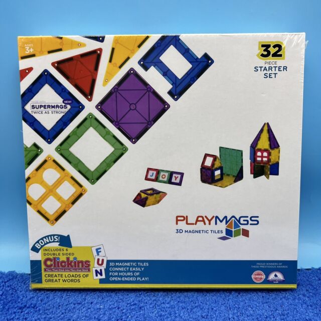 Playmags Magnetic Tile Building Set: Exclusive Educational Clickins 36-Pc.  Kit: 18 Super Strong Clear Color Magnet Tiles Windows & 18 Letters 