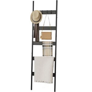Black 5-Tier Blanket Ladder Farmhouse Wall Leaning Rack with 4 Removable Hooks - Picture 1 of 9