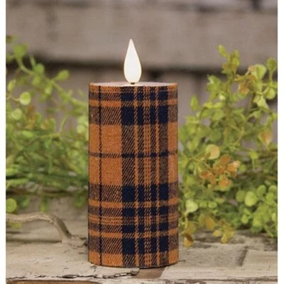 New ... Fabric Wrapped FALL PLAID TIMER Pillar Candle ... 4" high - Image 1 of 2