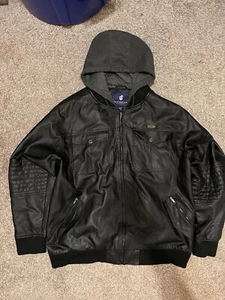 VTG Rocawear Hooded Leather Jacket 5X Black - Picture 1 of 16