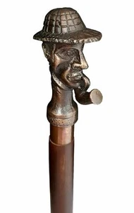 Handmade Walking Stick Sherlock Head Antique Metal Handle Wooden Vintage Cane  - Picture 1 of 9