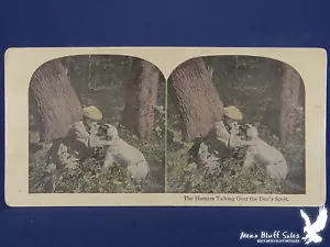 The Hunters Talking Over Days Sport Hunter Dog Gun Colored Lithograph Stereoview - Picture 1 of 2