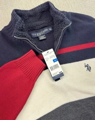 U.S. Polo Assn. XL Blue/Red/Greys/White1/2 Half Zip Sweater Sherpa Collared NWT - Image 1 of 4
