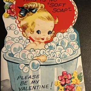Vtg Valentine’s Day Card Diecut Little Girl Bubble Bath Soft Soap Enamel Washtub - Picture 1 of 3