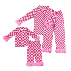 Mommy and Me Pajama 2 pcs Set Pink Checked Button Up Sleeping Wear With Fur - Picture 1 of 3