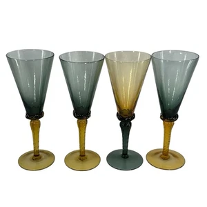 VTG Hand Blown Art Glass Goblets Set of 4 Murano Style Teal Amber Twisted Stem - Picture 1 of 7