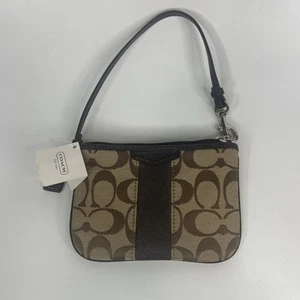 Coach Wristlet Small Signature Wallet Coin Purse Khaki & Brown New W Tags - Picture 1 of 4