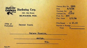 Metro Goldwyn Pictures Corporation Invoice August 3 1924 Second Youth - Picture 1 of 1