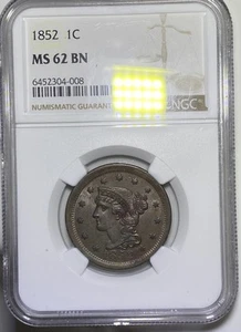 1852 Braided Large Cent. NGC MS-62. Nice Luster. - Picture 1 of 6