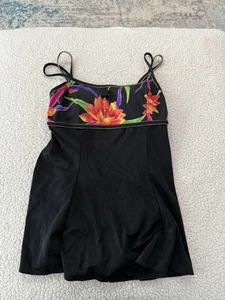 ROBBY LEN Longitude Swimsuit Womens 12 Black Skirted Floral Tummy Control EM93 - Picture 1 of 5