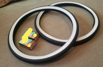 VINTAGE SCHWINN 24X1&3/4" BICYCLE TIRES,TUBULAR S-7 BRICK PATTERN & TUBES  - Image 1 of 4