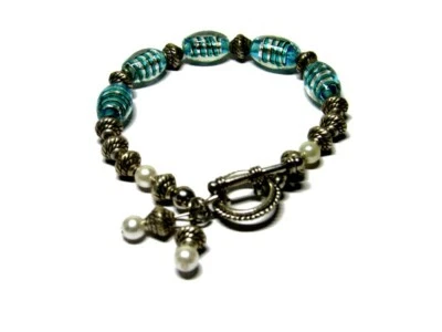Pulseira de vidro arte contas abajur fecho alternador azul turquesa pérolas falsas - Imagem 1 de 4