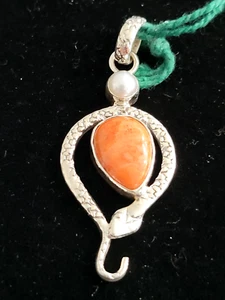 Orange Mojave Turquoise Pearl 925 Sterling Silver Snake Pendant (54) - Picture 1 of 2