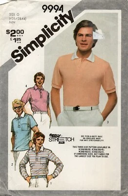 Simplicity 9994 Men's Tops w Front Button Band, Pointed Collar Sz 40-44 UNCUT - Image 1 of 4