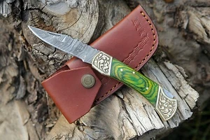 Damascus handmade Back Lock Folding Pocket knife Camping Hunting knife & Pouch - Picture 1 of 10