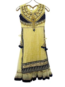 Amrit Indian Pakistani Lengha Sari Dress Blue Gold Beaded Size 36 Small Bling - Picture 1 of 15