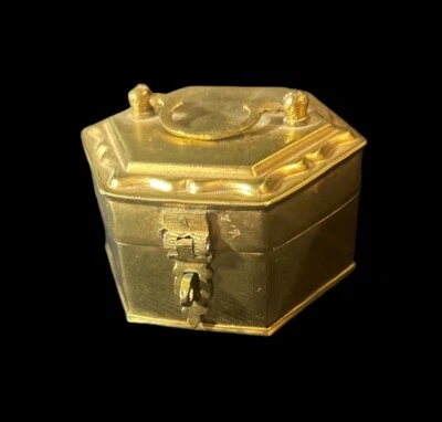 Vintage Small Brass Hexoganal Trinket Box with Handle and Latch - Image 1 of 4