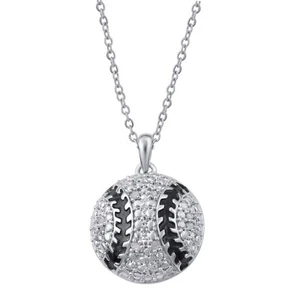 1/10 CT TDW  Diamond Accent Silver -Tone Baseball Women's Pendant in Brass - Picture 1 of 5