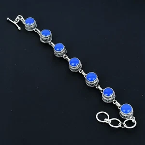 Blu Calcedonio a Mano 925 Argento Sterling Gioielli Gemma Bracciale Love Regalo - Foto 1 di 4