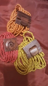 HAND BEADED & WOOD CLASP EXPANDANABLE "LOT OF 3" RED , ORANGE , YELLOW - Picture 1 of 2
