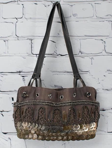 Women’s Gypsy Purse Metallic Leather Brown Raw Silk Charm Sequin Beading Lined - Picture 1 of 5