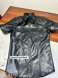 men's original cow leather original biker padded shirt sexy black shirt - Picture 1 of 5