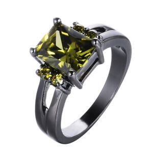 Women's Black Gold Filled Rectangle Olive Green Zircon Ring Jewelry Size 10