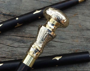 Vintage Solid Brass Knob Head Handle Antique Victorian Cane Wooden Walking Stick - Picture 1 of 7