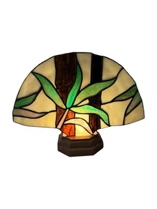 Vintage Stained Glass Flower Wood Base Fan Light Decorative Lamp - Picture 1 of 6