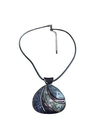 Lia Sophia Mosaic Enamel Shell Pendant Necklace Black Cord 15 - 18 inches Long - Image 1 of 4