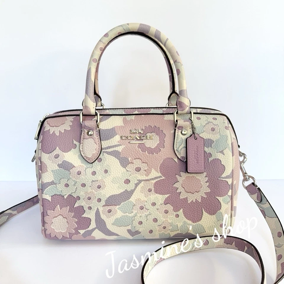 Coach Rowan Satchel Bag With Floral Print In Silver/Ivory Multi Purple CBG82