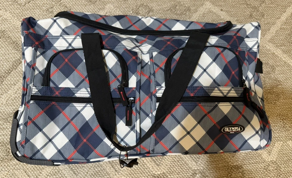 Rare Olympia 22" 8 Pocket Plaid Rolling Duffel Bag with Retractable Handle - Image 1 of 4