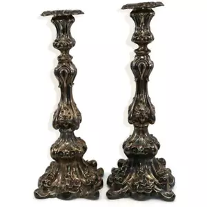 Antique .875 Pure Russian 84 Silver Baroque Style Pair of Candlesticks, 13 1/2" - Picture 1 of 6