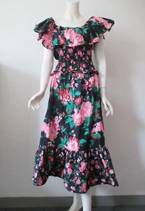 Vintage Bullocks Wilshire Maxikleid schwarz rosa Blumenmuster Rüschen Baumwolle S - Bild 1 von 8