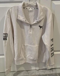 Victoria's Secret Pink 1/4 Zip Sweatshirt White Cream Hoodie Dog Size XS - Cozy! - Picture 1 of 6