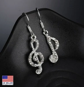 Women Bling Crystal Tassel Earrings Asymmetric Music Treble Bass Clef Stud 0552 - Picture 1 of 6